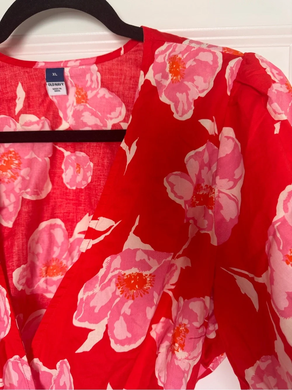 Old Navy Red Wrap Blouse with Pink Floral Print